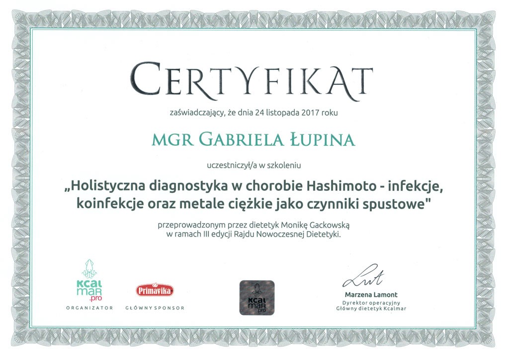 certyfikat dietetyk Gabriela Łupina